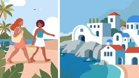 Două femei plimbându-se pe plajă, cu peisaje de coastă în fundal.