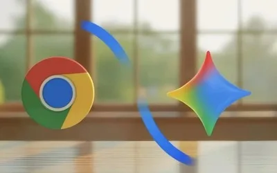 Logo-uri Google Chrome și Gemini Nano pe fundal luminos.