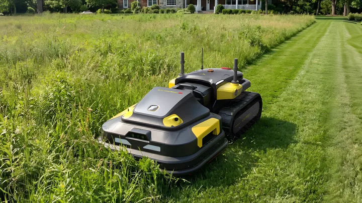Robot de tuns iarba Yarbo pe un gazon verde, înconjurat de iarbă înaltă.