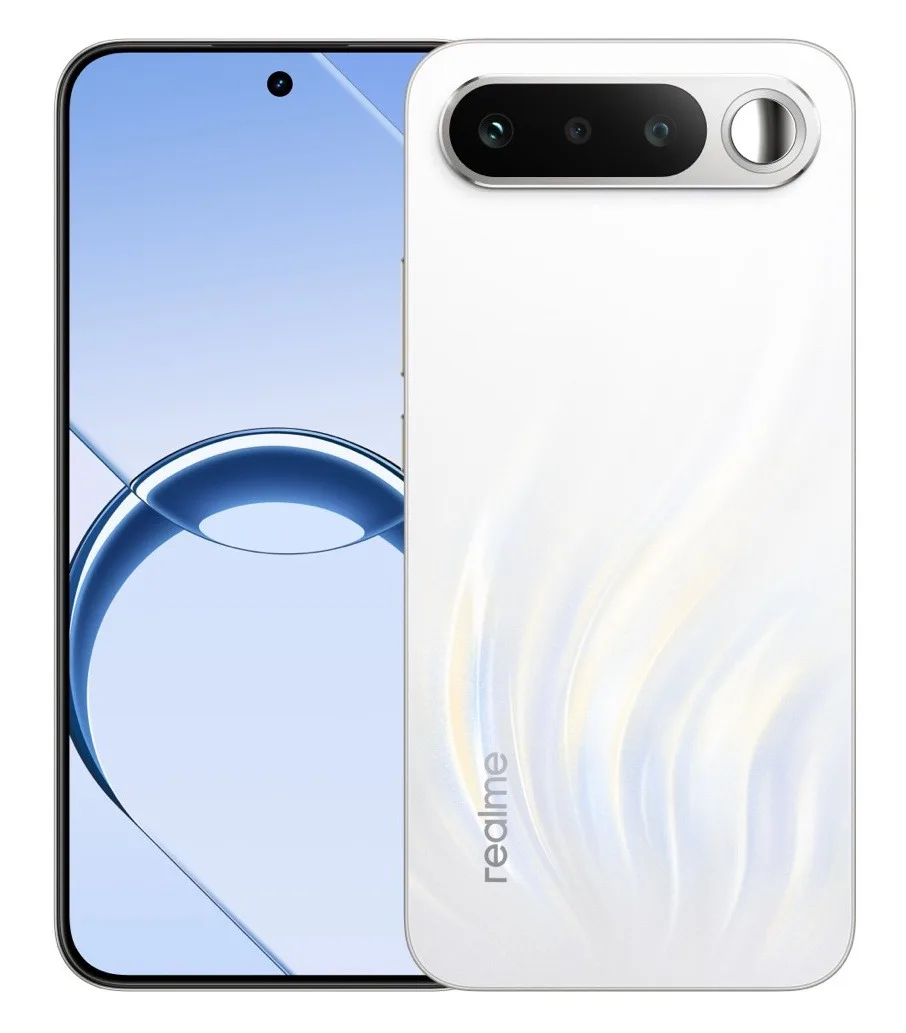 Modelul realme 16 în variantă albă, evidențiind ecranul AMOLED.