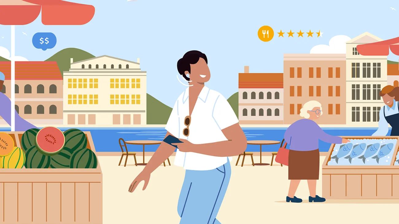 Persoane care se bucură de o zi însorită pe malul mării, explorând magazine locale.