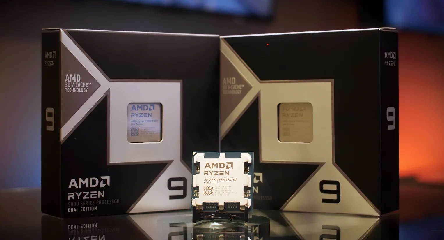 Cutii elegante pentru procesorul AMD Ryzen 9 9950X3D2 Dual Edition, evidențiind tehnologia avansată.