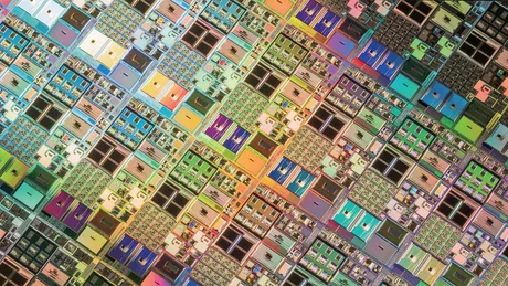 Cipuri avansate produse pe tehnologie de 2 nm, cu detalii colorate și complexe.