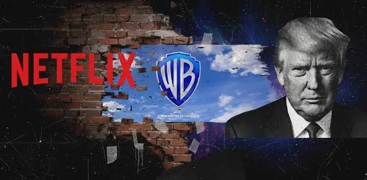 Donald Trump și logo-urile Netflix și Warner Bros pe un fundal de ziduri distruse.