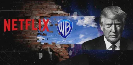 Donald Trump și logo-urile Netflix și Warner Bros pe un fundal de ziduri distruse.