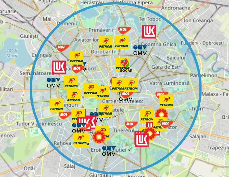 Harta stațiilor de carburant din București cu prețuri variate.