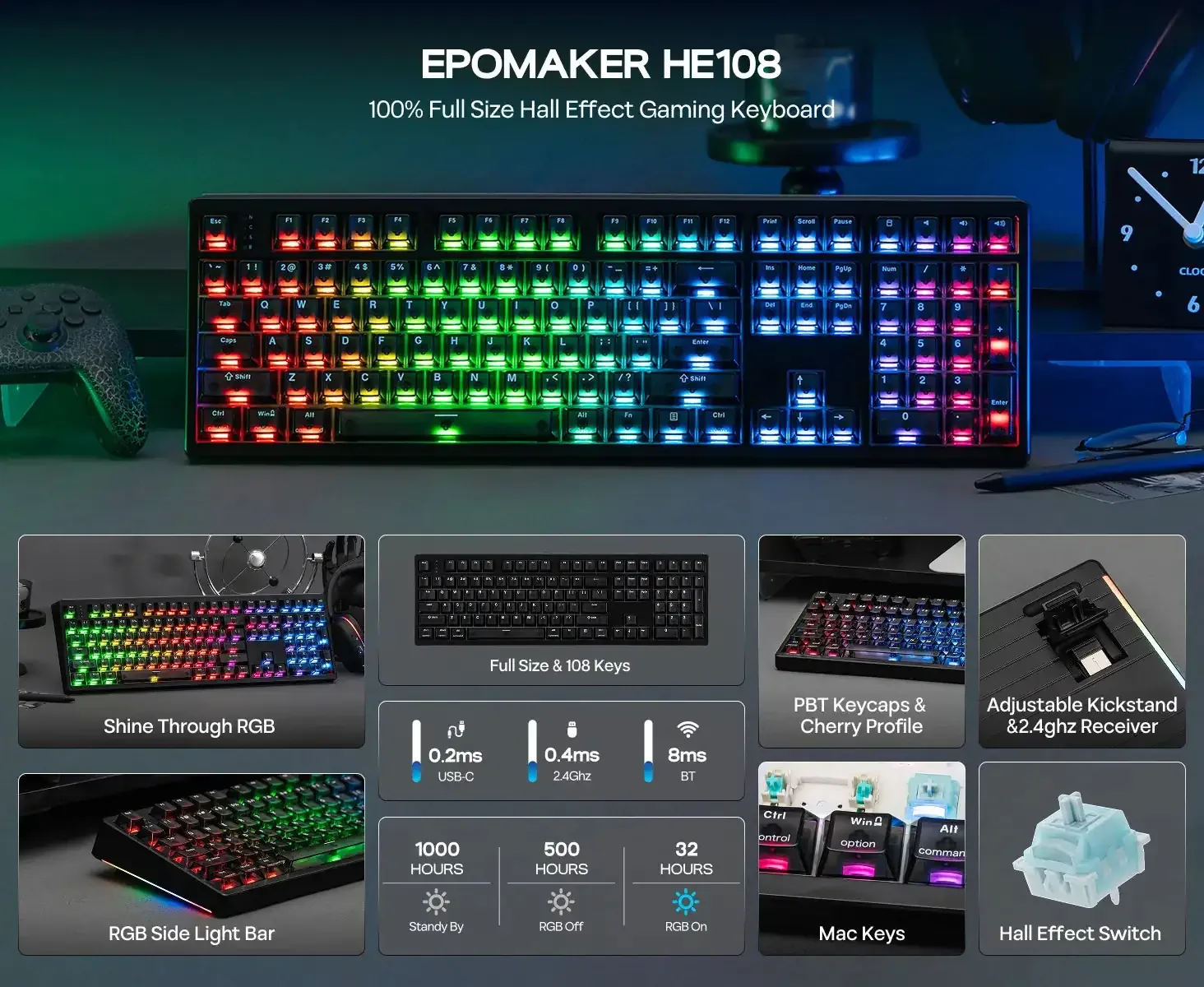 Tastatura HE108 cu iluminare RGB și design ergonomic pentru gaming