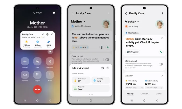Interfața SmartThings pentru îngrijirea familiei, cu informații utile și notificări.