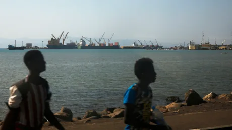 Persoane care se plimbă pe malul apei, cu nave în fundal.