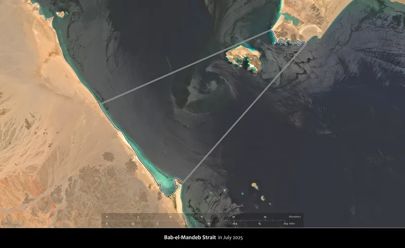 Harta strâmtorii Bab el-Mandeb, esențială în context militar.