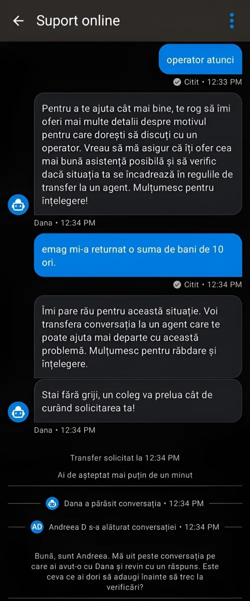 Conversație online cu un agent Vodafone despre suportul clienților.