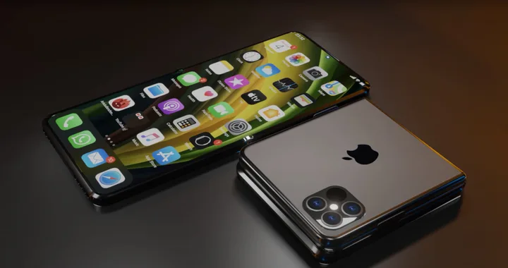 Concept de iPhone pliabil cu clapetă, design modern și compact.