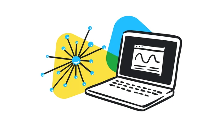 Laptop cu grafic și rețea de puncte, simbolizând programarea AI.