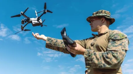 Soldat american controlează un drone în timpul antrenamentului militar.