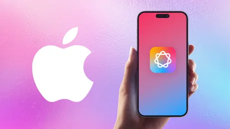 Logo Apple pe un fundal colorat, cu un telefon în mână.