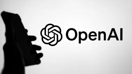 Logo OpenAI pe fundal alb, simbolizând inovația în tehnologie.
