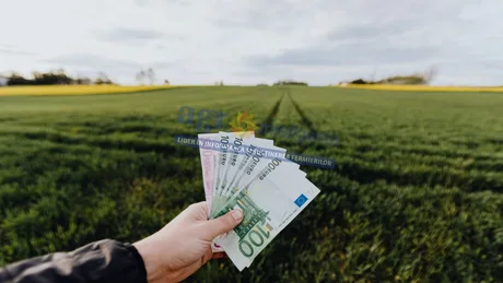 Bani în mână pe un câmp verde de teren arabil.