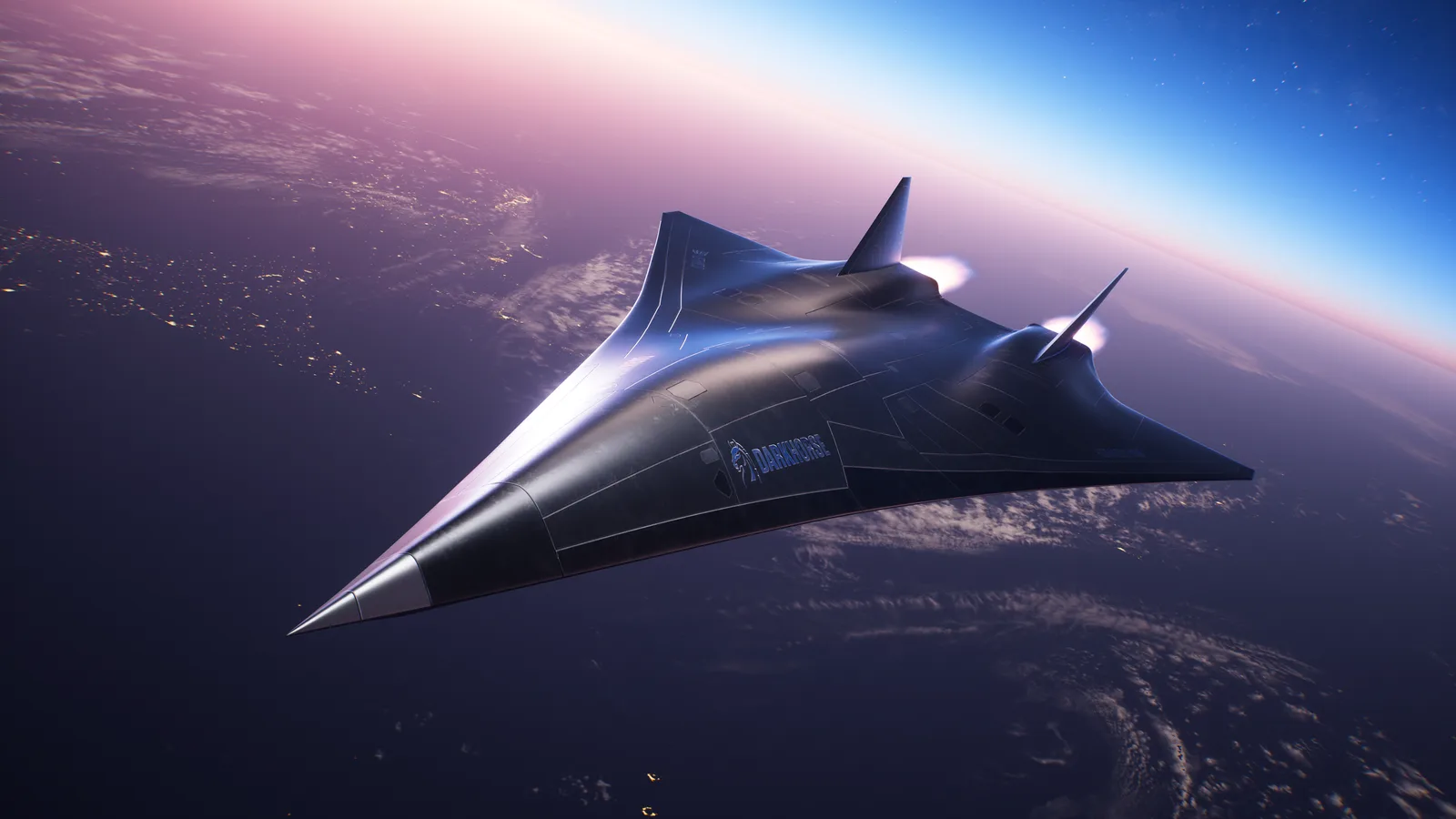 Avion hipersonic autonom zburând deasupra norilor, cu un design futurist.