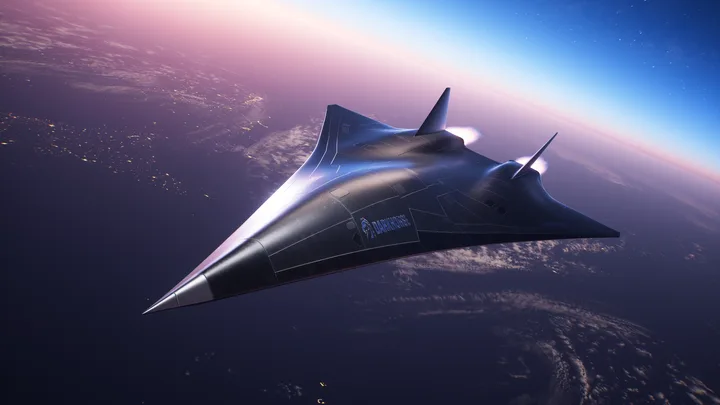 Avion hipersonic autonom zburând deasupra norilor, cu un design futurist.