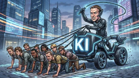 Mark Zuckerberg conduce un vehicul futurist cu angajați legați, simbolizând concedierile și utilizarea muncii lor.