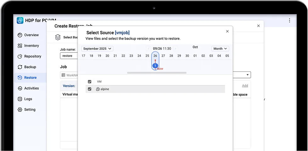 Interfața aplicației HDP pentru restaurarea datelor din backup.