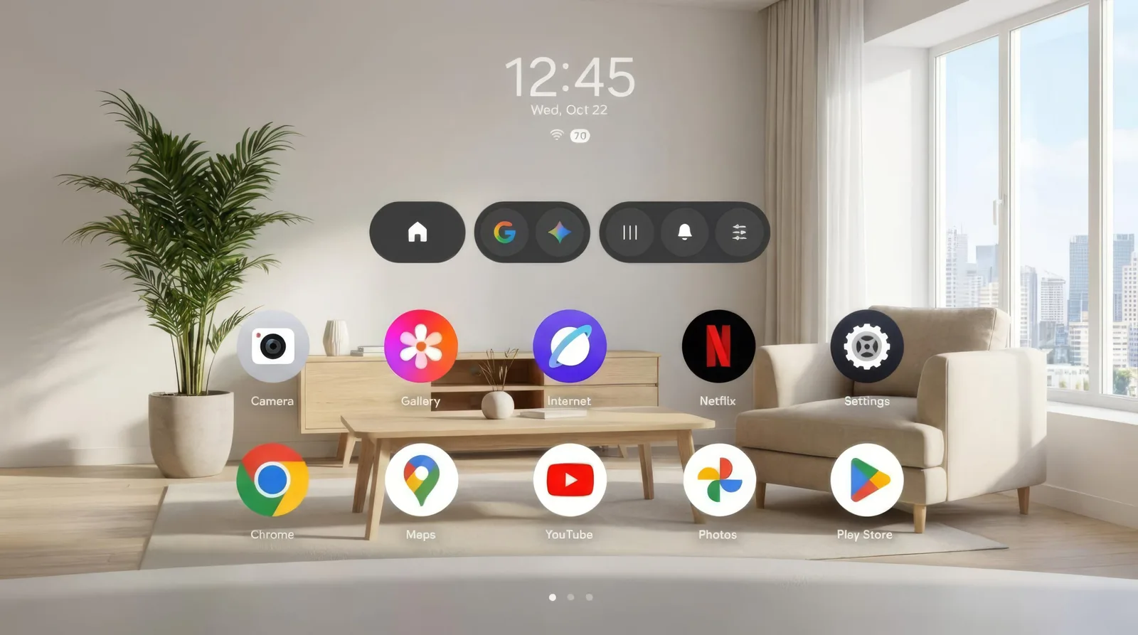 Interfața ochelarilor Android XR cu aplicații și design modern.