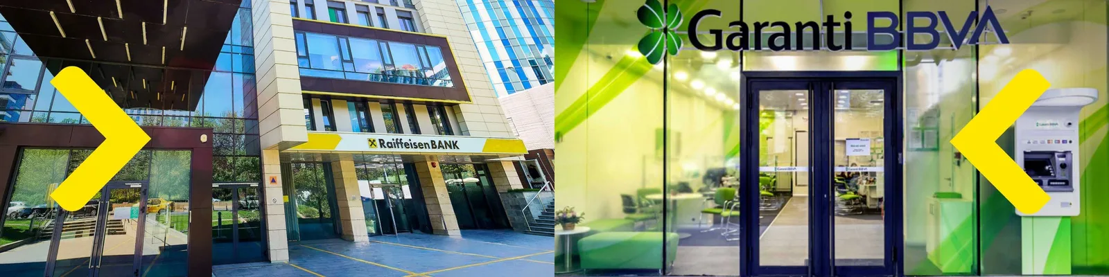 Sediile Raiffeisen Bank și Garanti BBVA din România, simboluri ale integrării bancare.