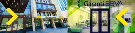 Sediile Raiffeisen Bank și Garanti BBVA din România, simboluri ale integrării bancare.