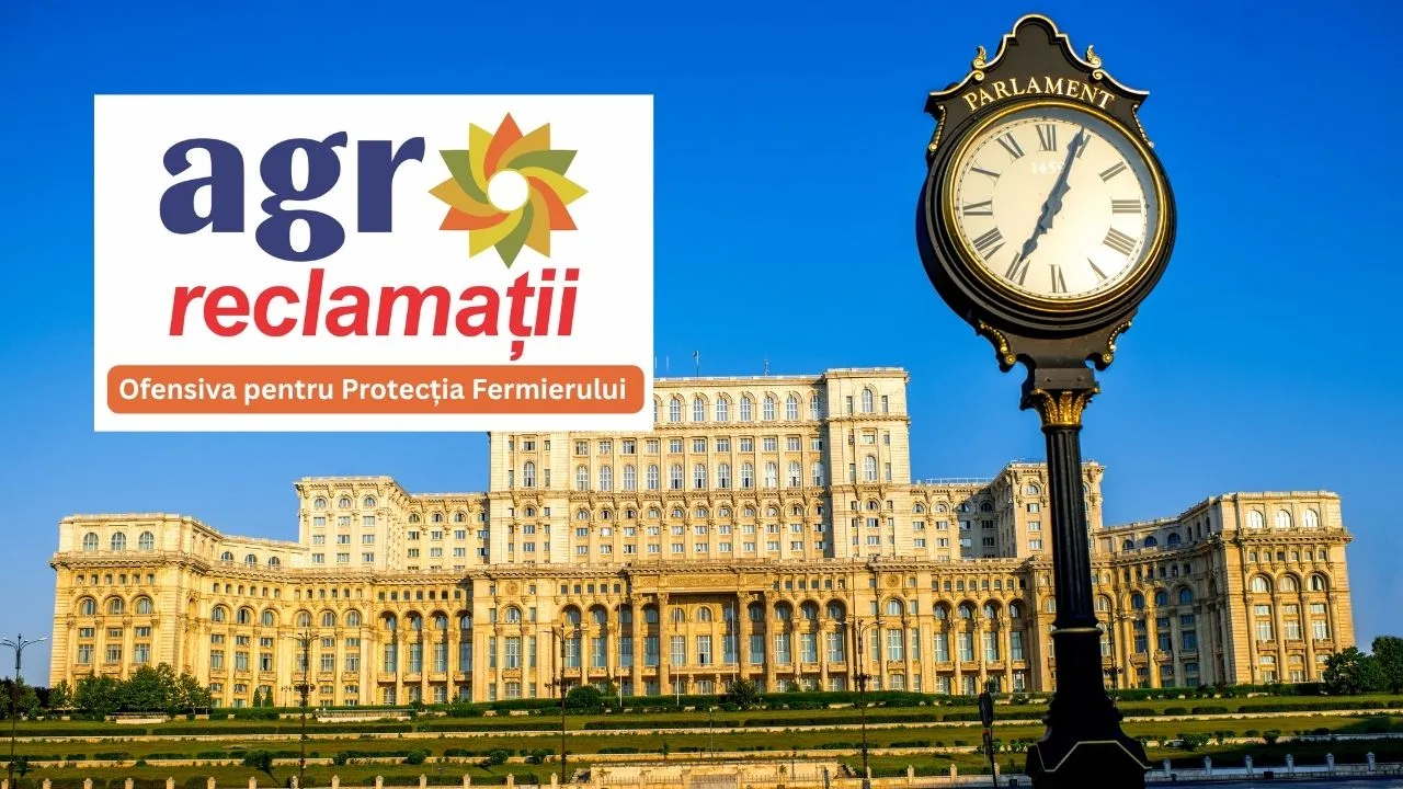 Clădirea Parlamentului României cu un ceas în prim-plan, simbolizând dezbaterile agricole.