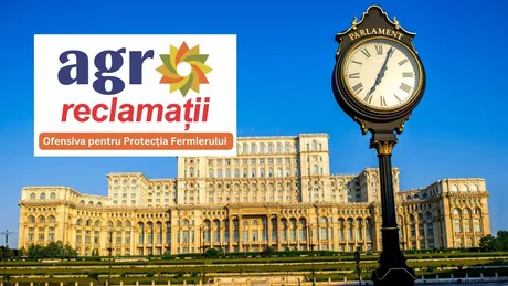 Clădirea Parlamentului României cu un ceas în prim-plan, simbolizând dezbaterile agricole.