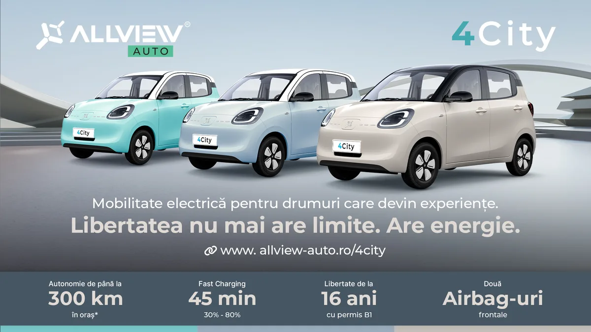 Modelul electric 4City de la Allview Auto în diverse culori.