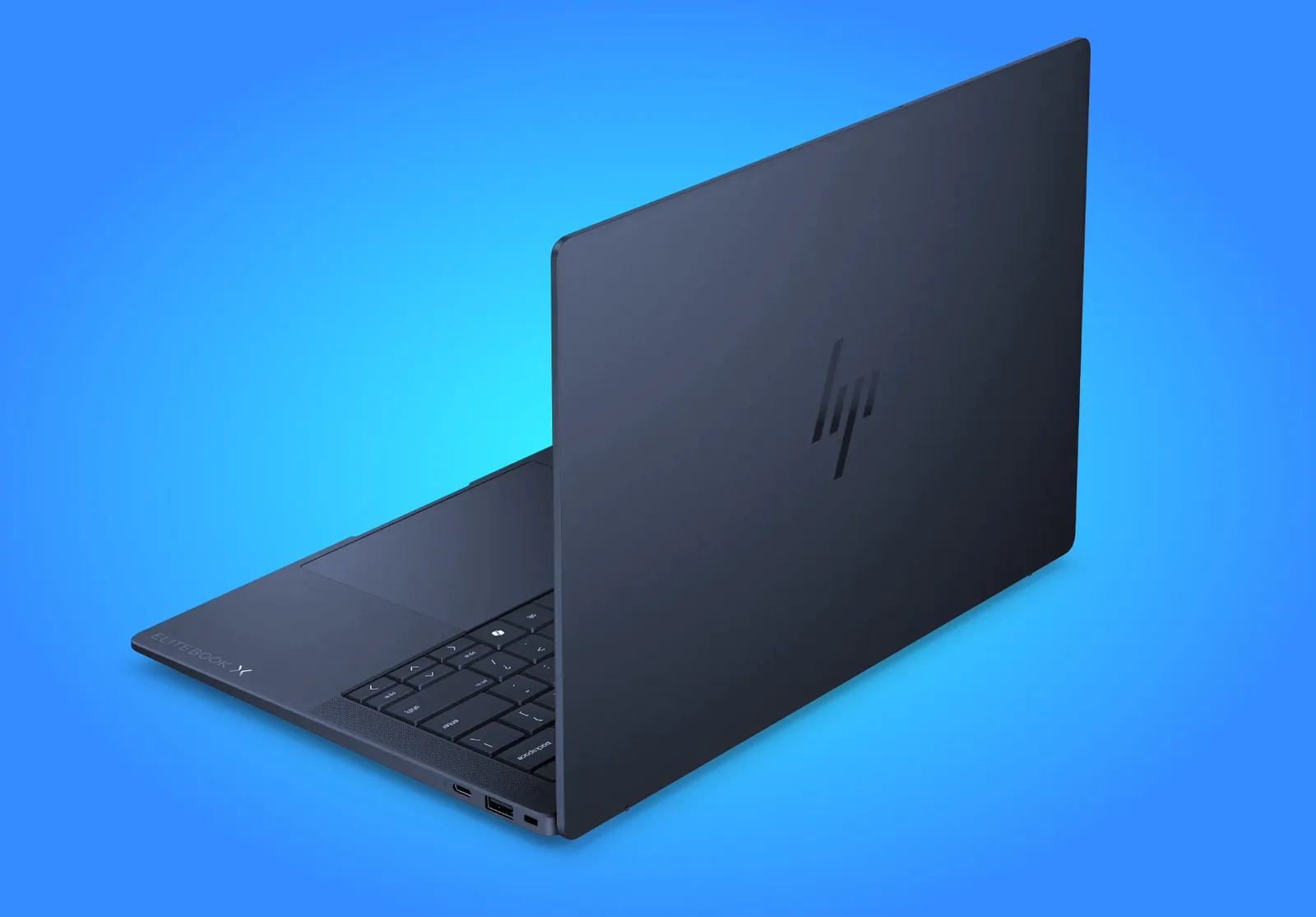 Laptopul HP EliteBook X G2i 14 cu design elegant și porturi diverse.