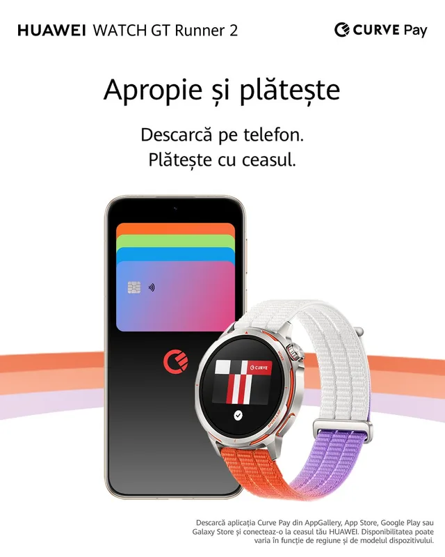 Plăți contactless cu Huawei Watch GT Runner 2 și Curve Pay.