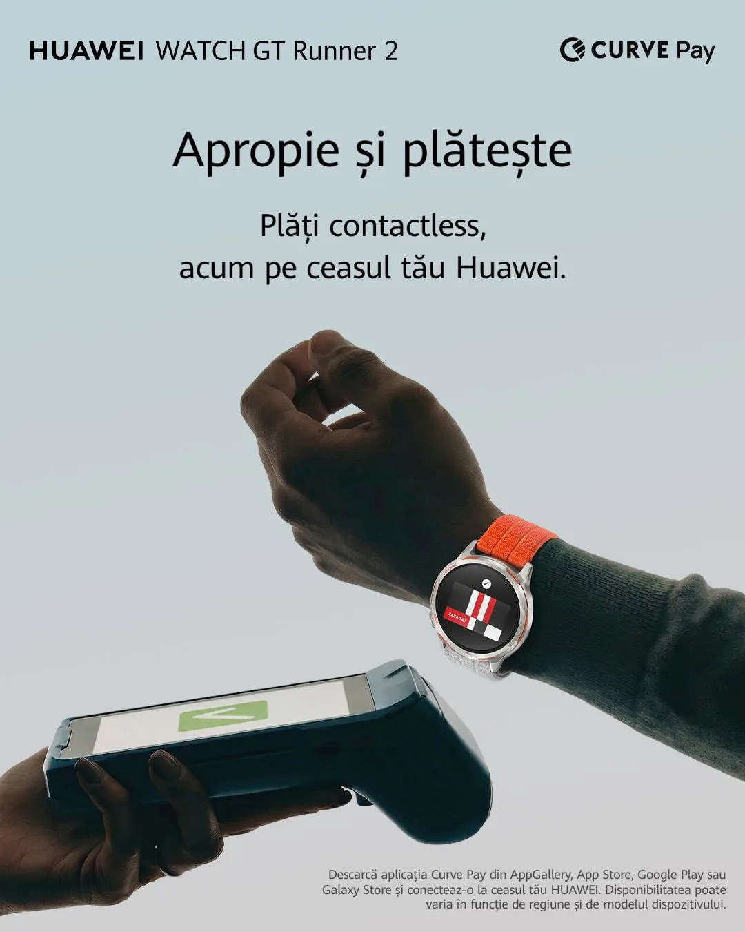 Utilizator plătește rapid cu ceasul Huawei și Curve Pay.