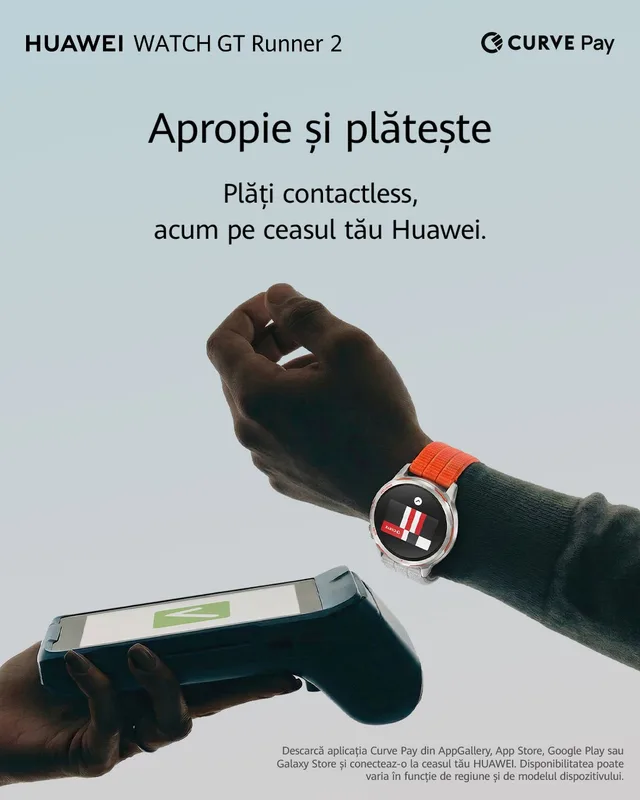 Utilizator plătește rapid cu ceasul Huawei și Curve Pay.