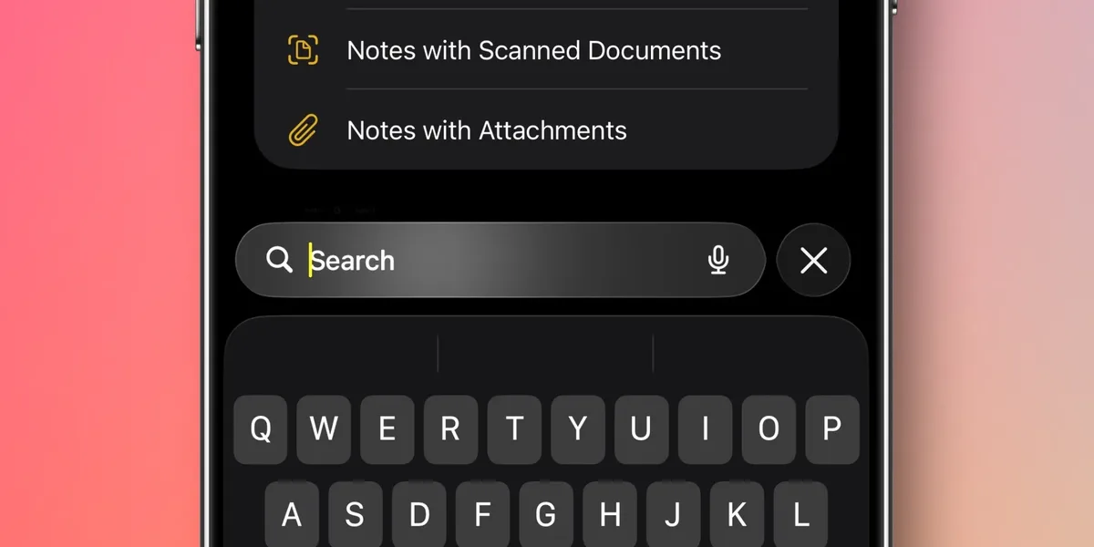 Interfața de căutare din aplicația Notes pe iPhone.