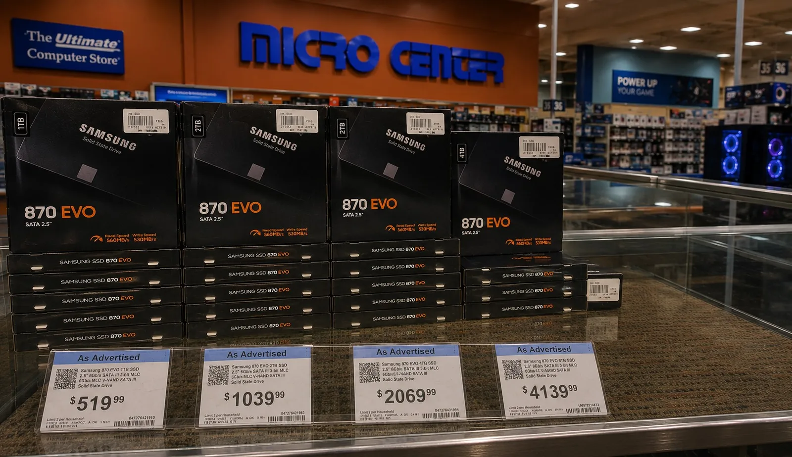SSD-uri Samsung 870 EVO expuse la Micro Center, cu prețuri ridicate pentru capacități mari.