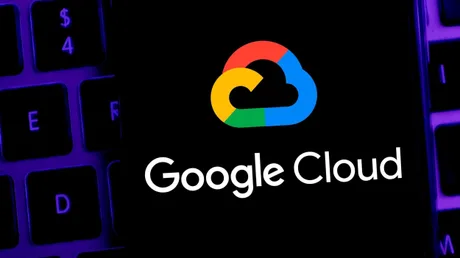 Logo-ul Google Cloud pe un fundal întunecat, evidențiind inovația tehnologică.