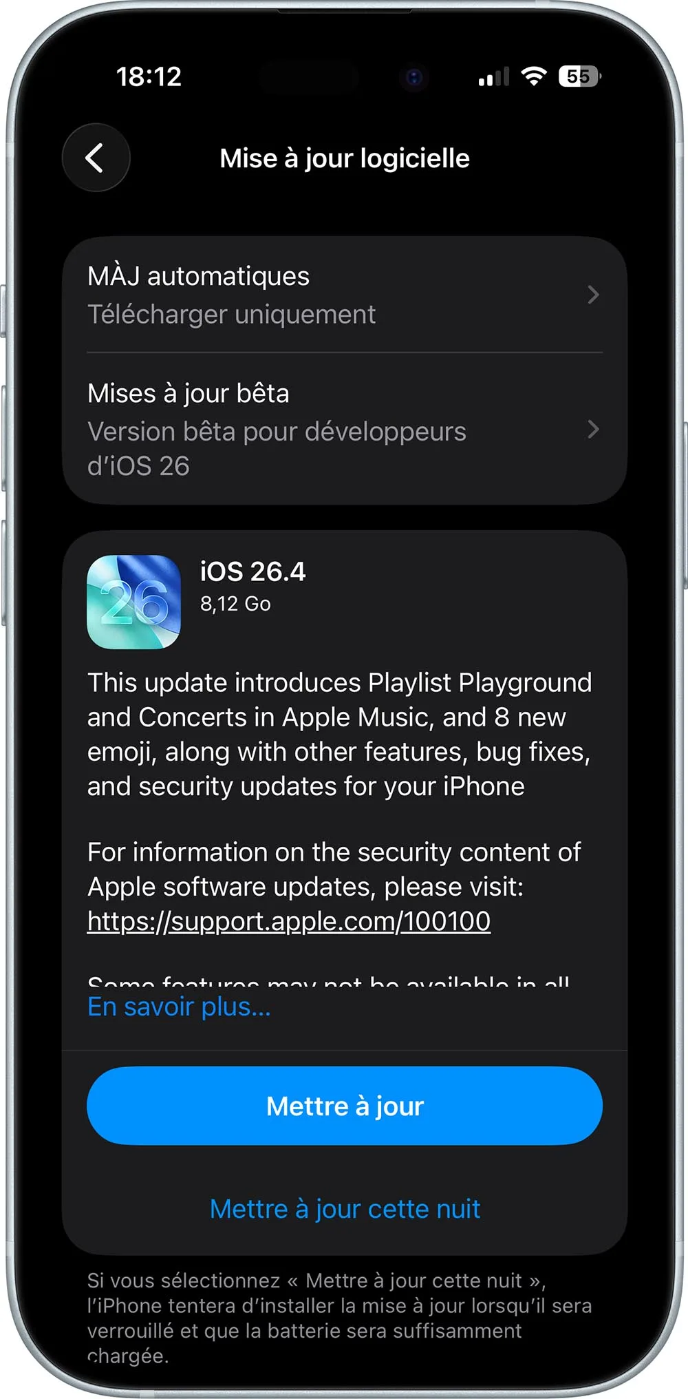 Ecran de actualizare pentru iOS 26.4 pe un iPhone.