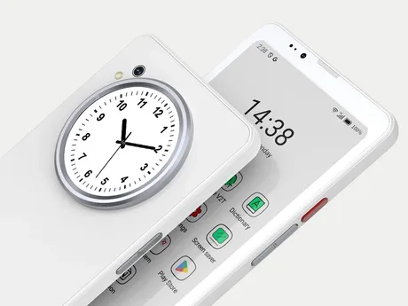 Smartphone cu două ecrane, unul E Ink color și altul LCD, design modern.
