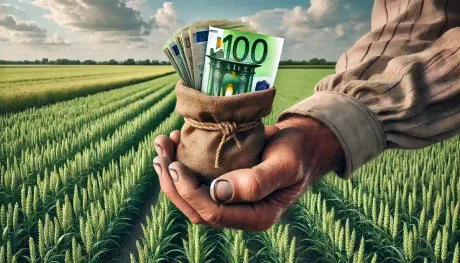 Mână care ține un sac cu bani pe un câmp verde de legume.
