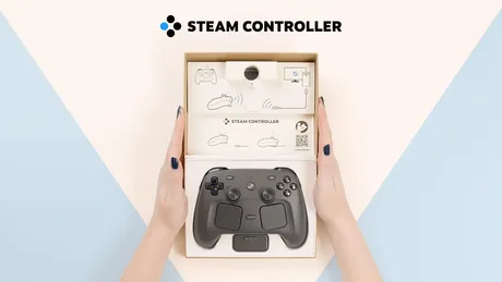 Un controller Steam este prezentat într-o cutie elegantă, pregătit pentru utilizare.