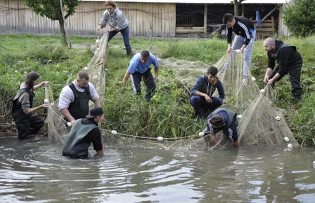 Persoane implicate în activități de pescuit și acvacultură la malul apei.