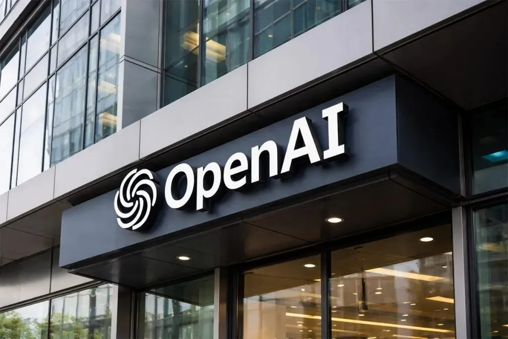Logo-ul OpenAI pe o clădire modernă din Silicon Valley.
