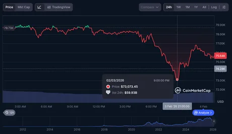 Grafic al prețului Bitcoin cu o scădere abruptă în februarie 2026.