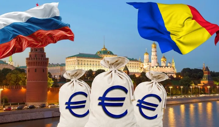 Bancnote euro și steaguri ale Rusiei și României pe fundal urban.