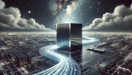 O arhitectură futuristă înconjurată de lumini și tehnologie avansată.