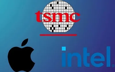 Logo-urile TSMC, Apple și Intel pe un fundal colorat