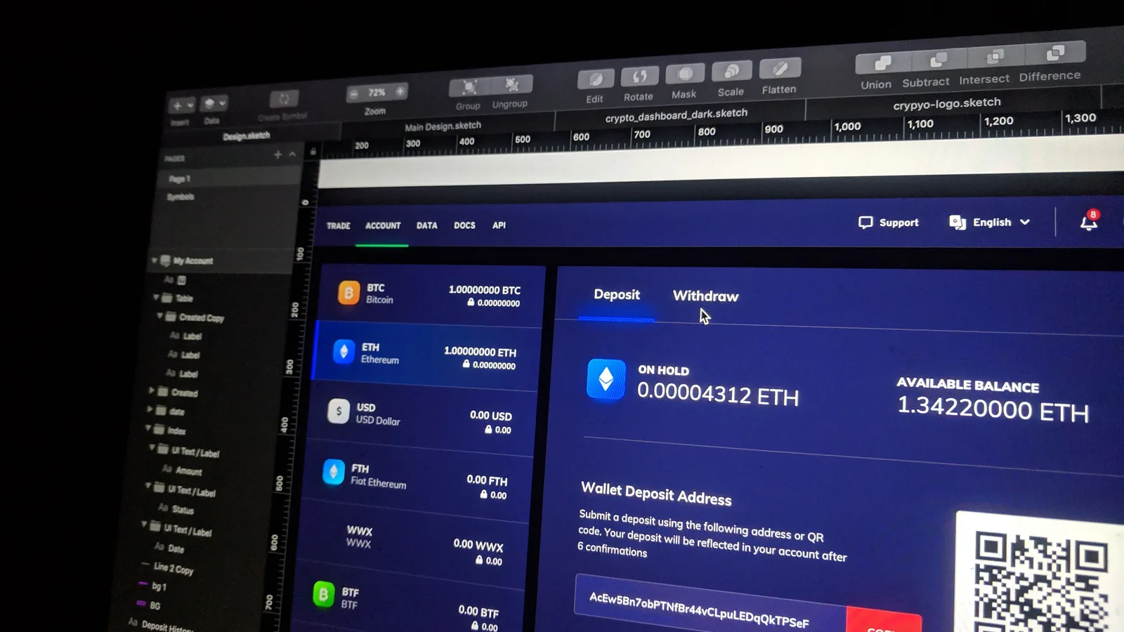 Interfața unei platforme de tranzacționare cu criptomonede și acțiuni