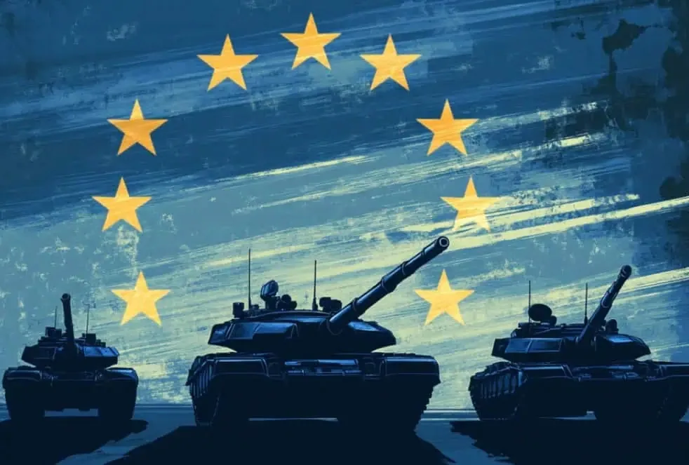 Tancuri militare sub steagul Uniunii Europene, simbolizând investiții strategice.